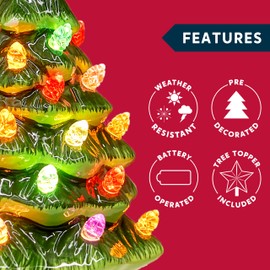 Joiedomi 2 Pcs 7" Ceramic Christmas Tree with Candy and Gift Box Design, Mini Prelit Tabletop Christmas Tree with Extra Blue Top Star & Bulbs for Best Desk Decoration