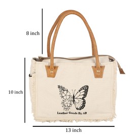 LeatherGoodsByAB LGBAB Canvas Tote Bag Pocket Butterfly Pattern Tote Bag for Women Leather Top Handle Work Bag for Travel, Work, Dating & Gym (White), Large