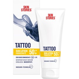 SKIN STORIES Sun Lotion SPF 50+ (100 ml), Tattoo Colour Protection Sun Cream with InkGuard Technology®, Very High Tattoo Sun Protection with Panthenol and Vitamin E to Prevent the Fading of Tattoo
