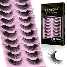 CINYOLA Mink Lash Fluffy Wispy False Eyelashes, 10 Pairs D Curl Fake Cat Eye Lashes Strips Extension Charming Look, Thick Full Volume Russian Fake Lashe Strips Pack