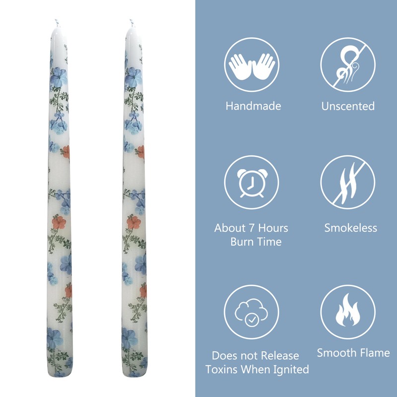 10 Inch Taper Candles Candlesticks Blue Flower Printed,2 Pack Handmade