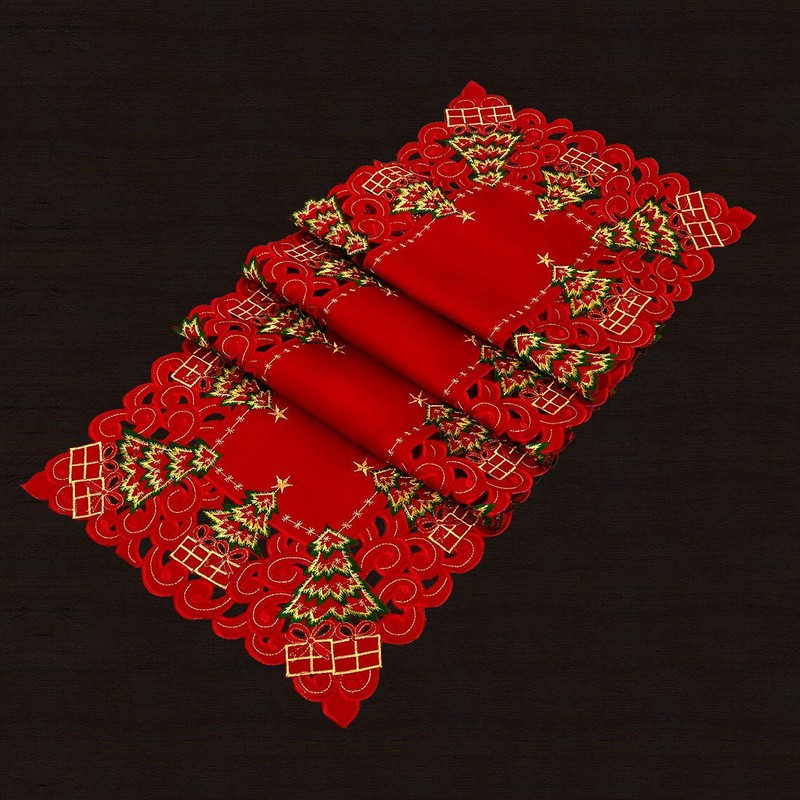 Grelucgo Embroidered Christmas Holiday Holly Tree Large Table Runner And