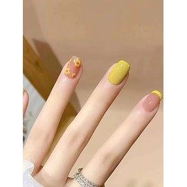 Salon Quality Elegant False Nails 24pcs Fancy Press On Nail incl. 1 sheet tape (Glossy Yellow French Tip Sunflower Short Squoval) 25 Piece Set