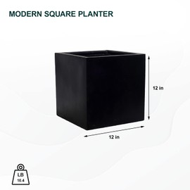 Pottery Pots Block S Fiberstone Indoor Outdoor Modern Black Square Planter, Small, 12 Inch Tall