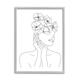Stupell Industries Female Flowers in Hair Minimal Line Drawing, Designed by JJ Design House LLC Gray Framed Wall Art, 24 x 30, Black