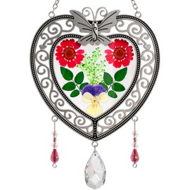 KY&BOSAM Heart Suncatcher Crystal Tree of Life Stained Glass Panles Real Flower Hangings for Windows Home Garden Outside Wind Chime Decor Birthday Gifts for Women Mother`s Day Christmas Ornament