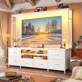 Romorgniz TV Stand for 55 60 inch TV, Large Wall Unit Entertainment Center with LED Lights & Power Outlets, TV Stands for Living Room, Closet, Entryway,13.8" D x 55" W x 61" H, White