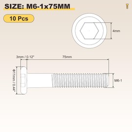 METALLIXITY Flat Head Hex Socket Cap Screws Bolts(M6-1x75) 10Pcs, Steel Hex Socket Furniture Bolts Countersunk Screws - for Furniture Woodworking Project, Yellow