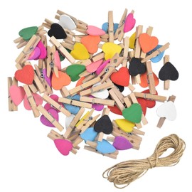Pack of 50 Mini Photo Clips, Colourful Pegs for Photos Wooden Clothes Pegs Decorative Pegs Heart Pegs with 10 m Natural Jute Cord, Clothes Pegs for Photos Paper Crafts DIY Decorations