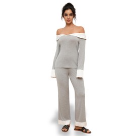 Luxurious Grey Women’s Pajama Set with Diamond Button - Long Sleeve Modal Pajamas with Cooling Viscose - Includes White Collar Details Long Pants & Trendy Design -M/L