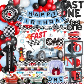 Fast One Race Car Birthday Decorations for Boys - 1st Birthday Set With Photo Banner and Balloon Box