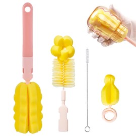 COME Cepillos de Limpieza para Botellas, 4 Piezas, Rosa | Cepillo para Biberones, Mango Largo, Para Botellas, Tapas, Tapones, Pajitas