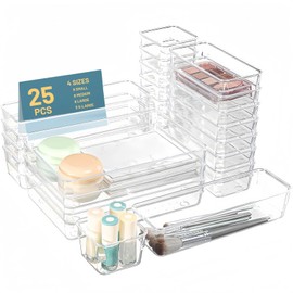 Clear Desk Drawer Organizers 25Pcs PP Makeup Drawer Organiser Trays Vanity Drawer Organizer Trays Reusable Cosmetics Container Tray Utensil Cutlery Set Divider for Makeup Officce Bathroom Gadgets