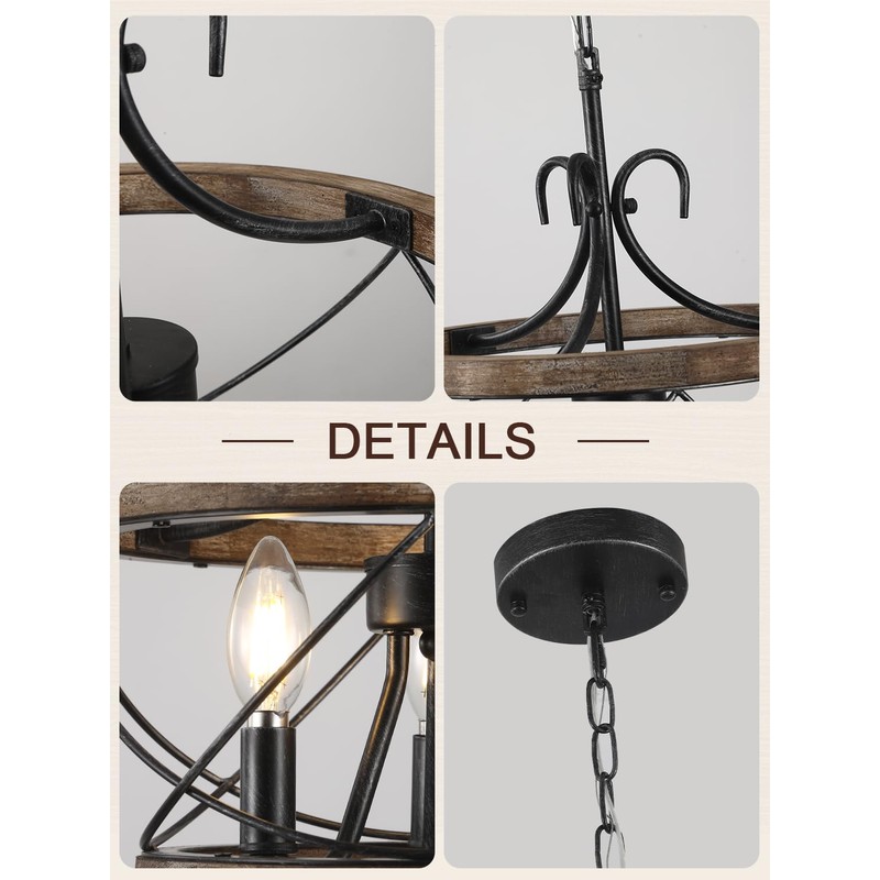 12 Inch Farmhouse Wood Chandelier Light Fixture, 3-Light French Country