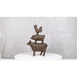 Western Farmhouse Cast Iron Rustic Rooster Pig And Cow Stacked DecorSculpture