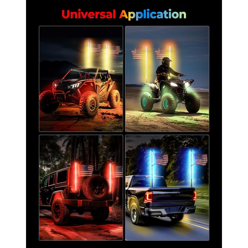 KEMIMOTO 3FT 2PCS Spiral Whip Lights and 4 Pods RGB