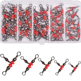 Shaddock 50pcs/box Three Way Fishing Barrel Swivels T-Turn Cross Line Triple Barrel Swivels Red Brass Rolling Swivel Fishing Line Connector Clips with Tackle Box