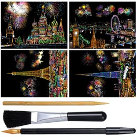 Yolev 4 Sheets Scratch Art Adult Scratch Painting Rainbow Paper Sketch Pads Card Night View Landscape Scratchboard(A4) Scratch Cards with Scratch Art Tools Creative DIY Art Craft