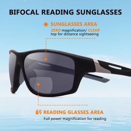 Amorays Bifocal Sunglasses with Prescription Men's Wrap Around Sporty Sunglasses Reader Outdoor Clear Top Soft Nose Pads PC Frame UV400 8020, Black & Grey