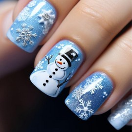 Christmas Press on Nails Short Square Blue Glitter Fake Nails with Snowflake ＆ Snowman Designs Cute Xmas Winter Acrylic Nails Full Cover False Nails Stick on Nails for Women Women Nail Art DIY 24 Pcs