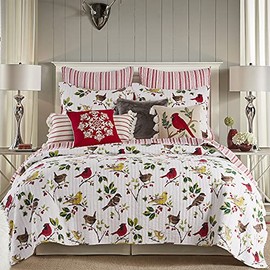 Levtex Home Thatch Home Joy Birds Joy Birds Quilt - Twin - Birds and Holly - Red, Green, Citron, Taupe, Brown - Quilt (68x86in.) - Reversible - Cotton/Poly