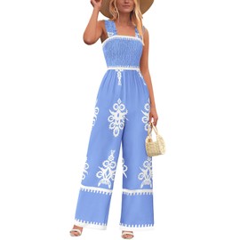 PRETTYGARDEN Womens Jumpsuit Casual One Piece Boho Summer Outfits Shirred Strap Wide Leg Long Pants Rompers With Pockets (Sky Blue White Flower, Large)