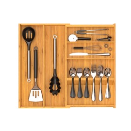 Yofidra Expandable Bamboo Silverware Drawer Organizer : 16.9x18.9 Expandable Large Silverware Utensil Tray Holder, 5-Compartment with 6 Card Slots Flatware Organizer Kitchen Organizers and Storage