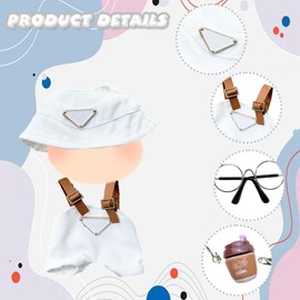 3 Pcs Doll Clothes for 17cm Plush Dolls, Include 1 Leggings 1 Fisherman Hat 1 Coffee Cup Pendant 1 Glasses for Dolls Premium Outfit, Birthday Present for Adults Kids（No Doll）White
