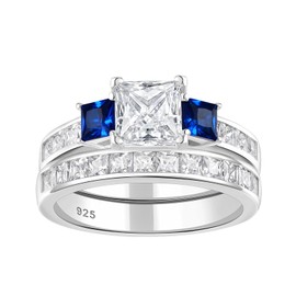 Wuziwen Three Stone Princess Cut Blue Simulated Sapphire and Cubic Zirconia Wedding Bridal Rings Set for Women 925 Sterling Silver Engagement Ring for Her Sz 5