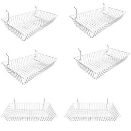 MH GLOBAL Set of 6 Pieces White Metal Wire Slatwall Gridwall Pegboard Shallow Basket Display Rack
