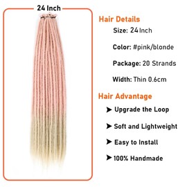BRUNNACE 24 Inch Dreadlock Extensions Thin 0.6cm Synthetic Dreadlock Extensions 20 Strands Handmade Single Ended Dreadlocks Rose Gold Blonde