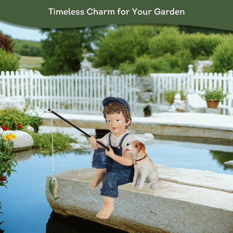 Lily's Home 10-Inch Fishing Boy and Dog Statue - Resin