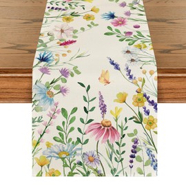 Artoid Mode Daisy Eucalyptus Lavender Floral Leaves Summer Table Runner, Spring Kitchen Dining Table Decoration for Home Party Decor 33 x 183 cm