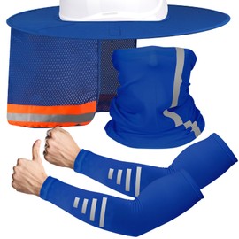 Hard Hat Sun Shade with Full Brim Visor, Men's Construction Accessories for Hardhat Hats UV Sunshade Helmet Attachment Protection Arm Sleeves with Reflective Strip, 4pcs Blue