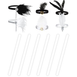 Seematn 18 Pcs Flapper Accessories Flapper Headband Feather Headpiece for Women, Pearl Bead Necklaces (Black, White)