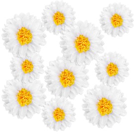 10 PCS Daisy Tissue Paper Pom Poms, Flower Hanging Decorations, Daisy Party Decorations, Paper Flowers for Graduation Cap, Daisy Tissue Paper Flowers for Party Decoration, White and Yellow