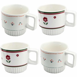 myGrtfam Stapelbare Espressotassen aus Porzellan, 4er-Set, Latte Cappuccino, Steingut, 360 ml, rotes Blumenmuster