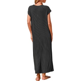 KIRUNDO Womens Summer Dresses Ribbed Knit Henley Short Sleeve Maxi Dress Button Up Loose Slit Beach Vacation Sundress(Black, Small)