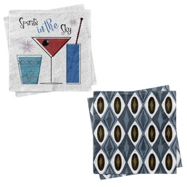 Retro Party Decor Cocktail Napkins by MODLOUNGE, Bundle of 2 Packs of 20, Mid Century Modern 3-ply Paper Beverage Napkins (Spirits Sky & Blue Diamond)