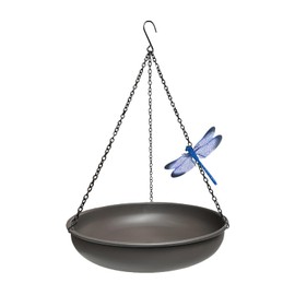WANGIRO Hanging Bird Bath for Outside,11.5”Dark Curry Metal Bird Feeder Birdbath Bowl with 17”Rust-Proof Black Chains for Garden Backyard Decor with Magnetic Dragonfly Decor