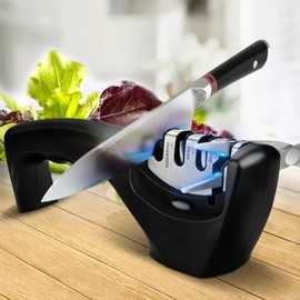 Knife Sharpener,3-Level Sharpening Tool for Repairing,4-in-1 Kitchen Knife Sharpener, Polishing, and Honing Blades | Durable Stainless Steel, Ceramic, and Tungsten Steel | Non-Slip Base | Black