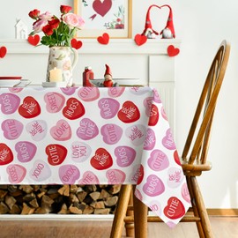 Horaldaily Valentine's Day Tablecloth 60×120 Inch Rectangle, Pink Colored Love Hearts with Words Washable Table Cover for Party Picnic Dinner Decor