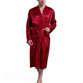Mobarta Men's Satin Kimono Robe Long Bathrobe Sleepwear Silk Spa Bathrobes Red