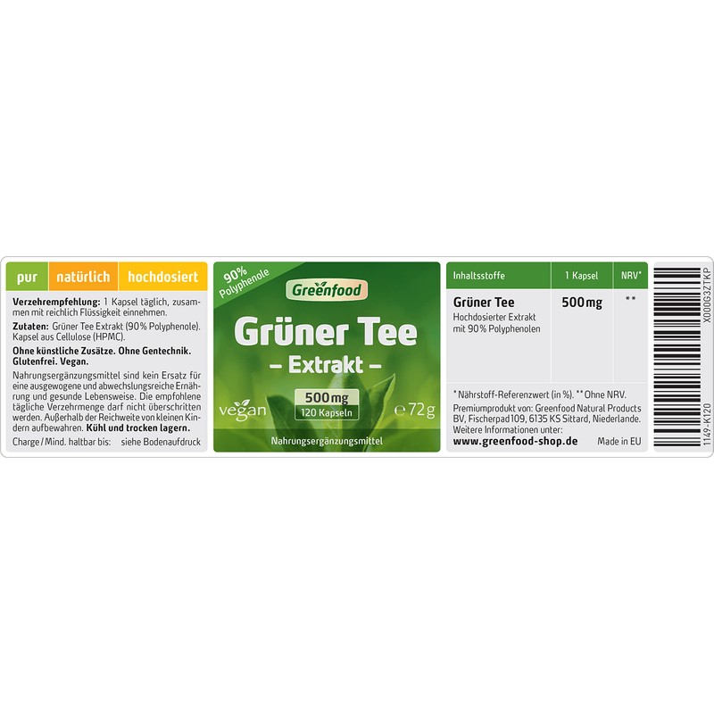 Green Tea Extract, 500mg, Highly Concentrated (Vegan 90% Polyphenols) 120 Capsules – Contains