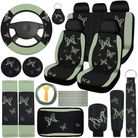 BBTO 43 Pcs Butterfly Car Seat Full Set Butterfly Car Accessories for Women 5 Front Rear Seat Covers Wrist Strap 2 Pcs Cup Mat Armrest Pad 2 Belt Cover Accessories for SUV (Green, Black)