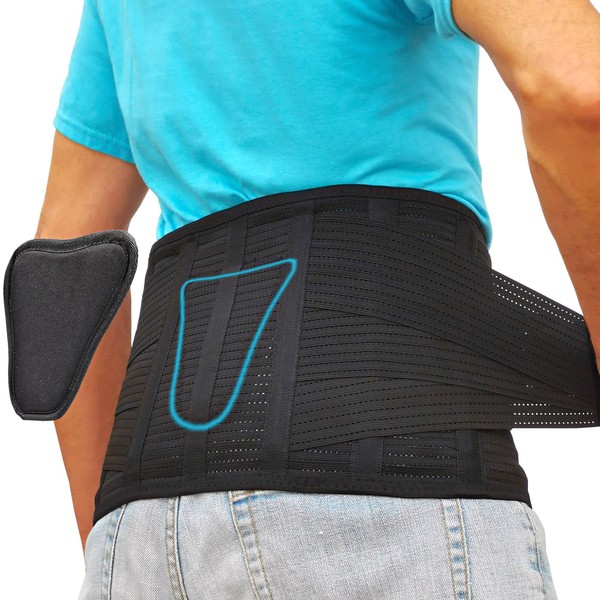 AVESTON Back Brace for Lower Back Pain Relief 6 ribs Belt with Lumbar Pad Support for Men/Women Light Thin Orthopedic Rigid Adjustable Brace Herniated Disc - Circumference 37 – 45" Around Belly