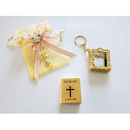 First communion, Quinceañera blush ribbon organza gift bag mini biblia key chain 12 set pack (customize ribbon)