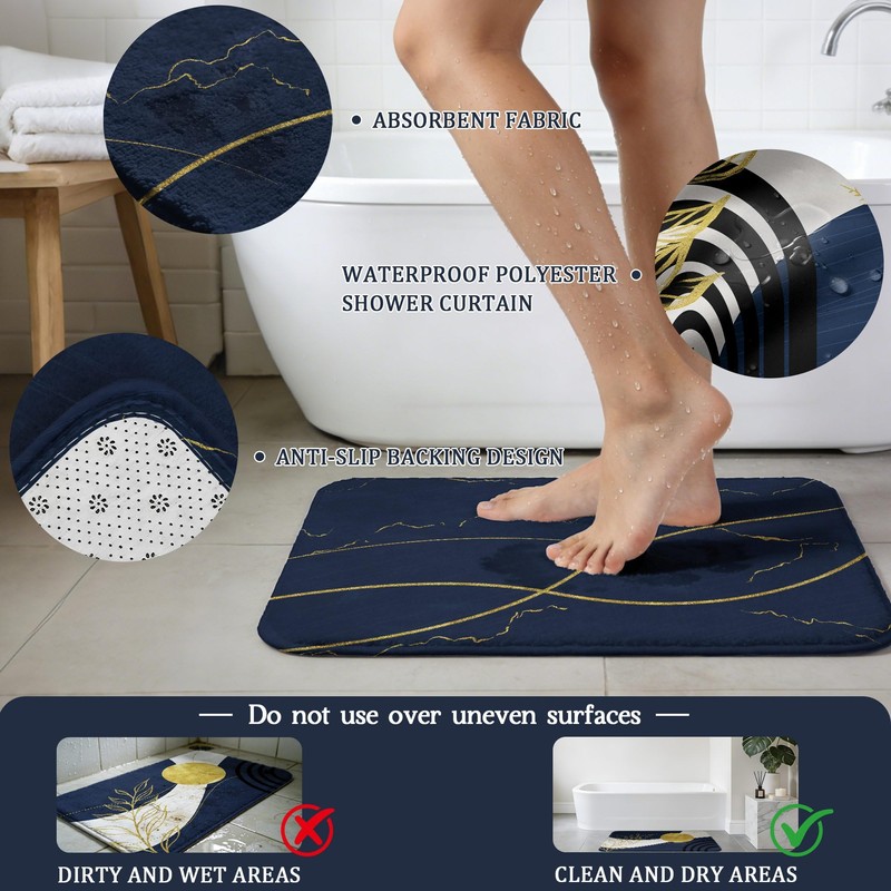 Navy Blue Bathroom Sets with Hookless Shower Curtain and Rugs