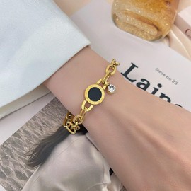 MYANAIL 14K Gold-Plated Stainless Steel Bracelet for Women Round Roman Digital Bracelet Zircon Pendant Bangle Chunky Link Chain Paperclip Bracelet Jewelry (Gold)