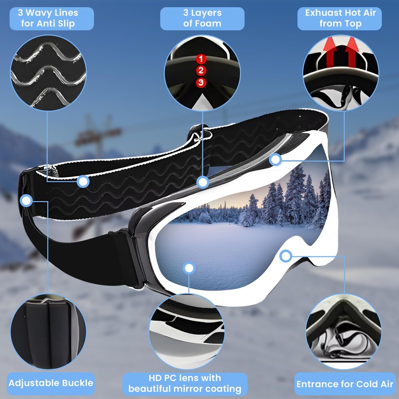 JRZHX Premium Ski Goggles for Men & Women, Anti-Fog Snowboarding